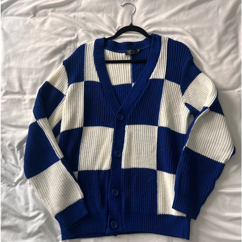 Boohoo Mens Blue and White Checkered Cardigan